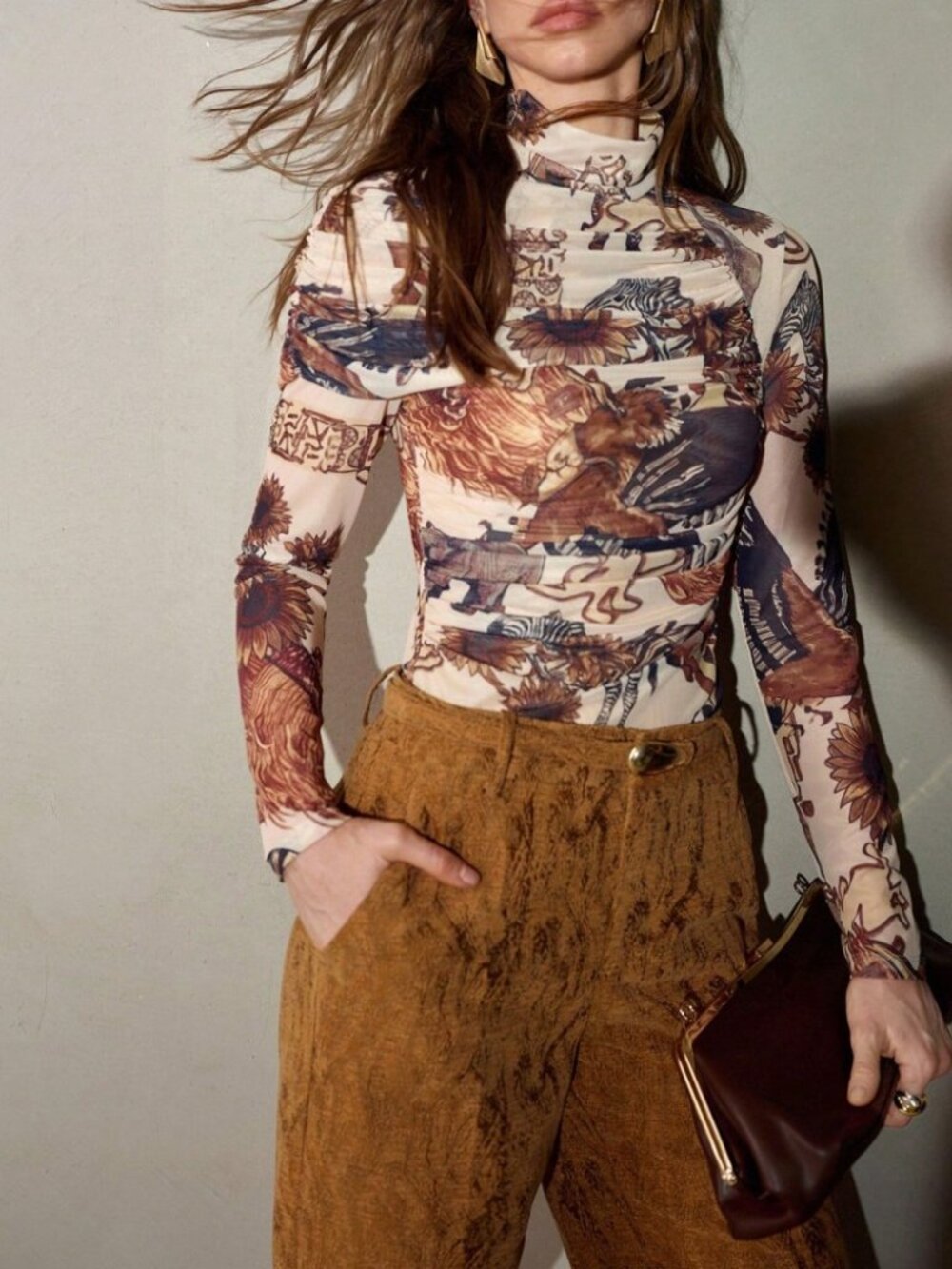 Cream Safari Print Mesh High Neck Long Sleeve Fitted Top